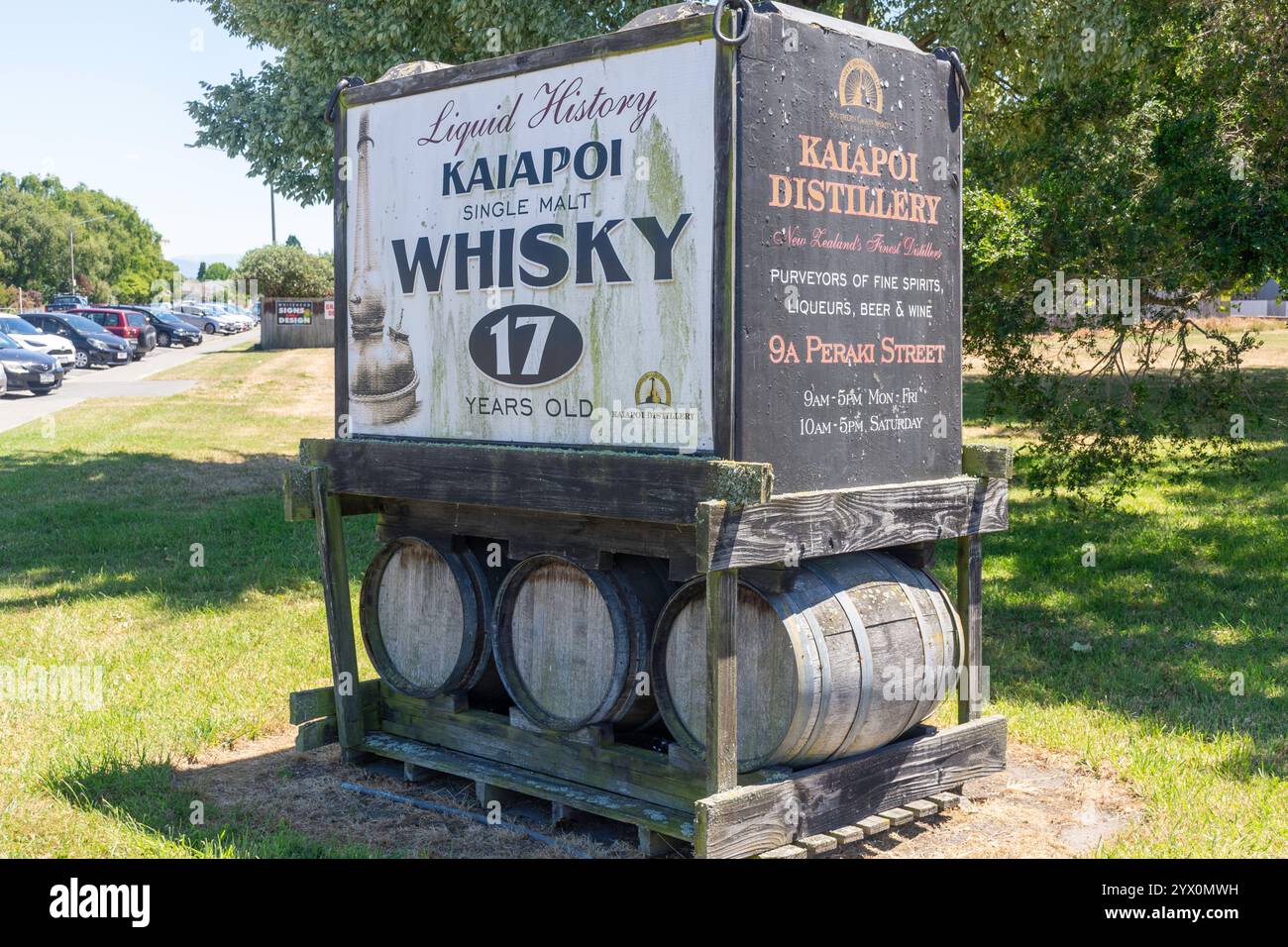 Kaiapoi Whisky Distillery advertising sign, Williams Street, Kaiapoi, Canterbury Region, New Zealand Stock Photo