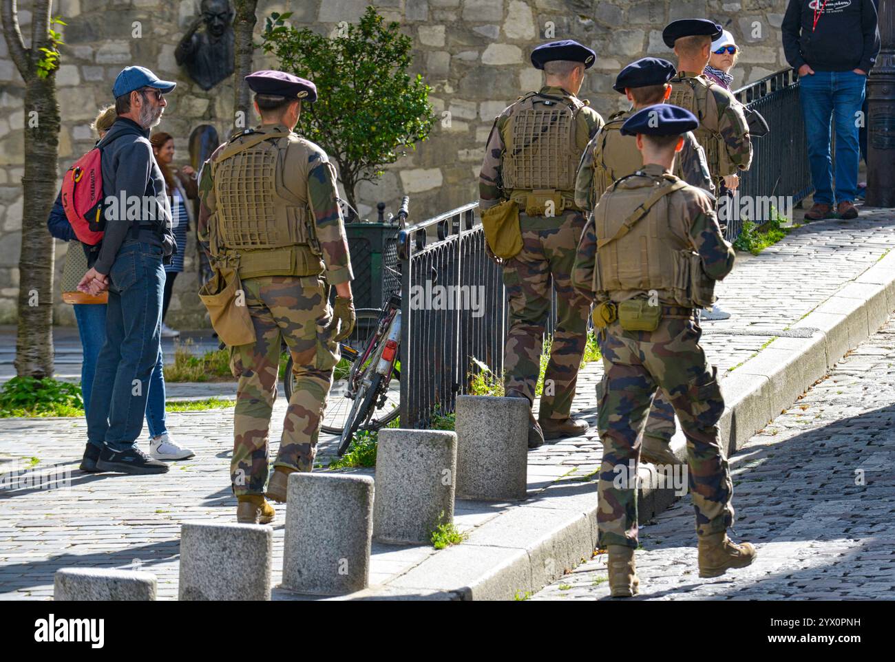 Soldiers of the French Army patrolling the streets of Paris, part of their duties as new recruits in Paris, France Stock Photo