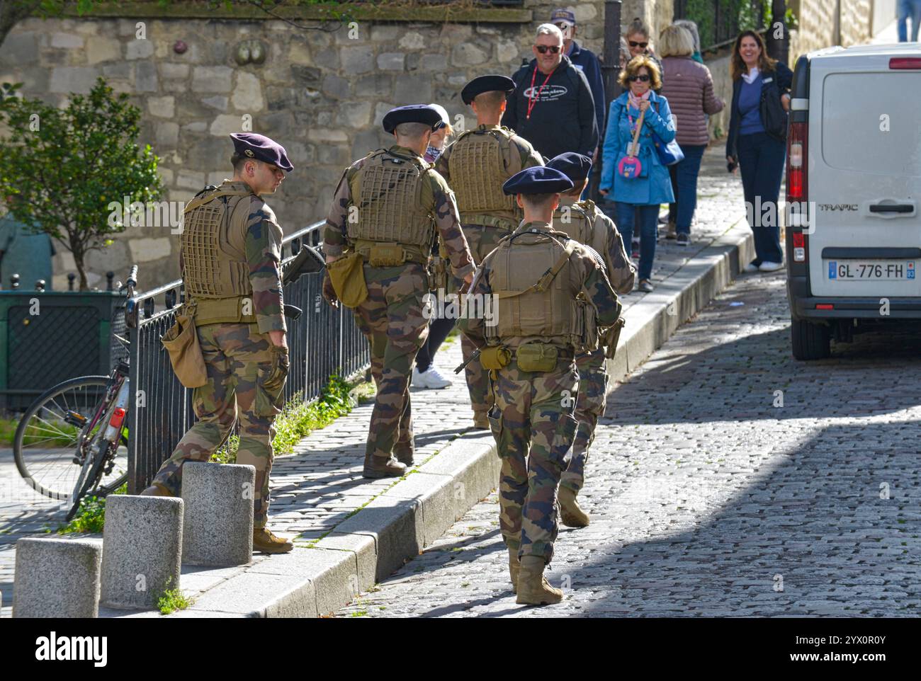 Soldiers of the French Army patrolling the streets of Paris, part of their duties as new recruits in Paris, France Stock Photo