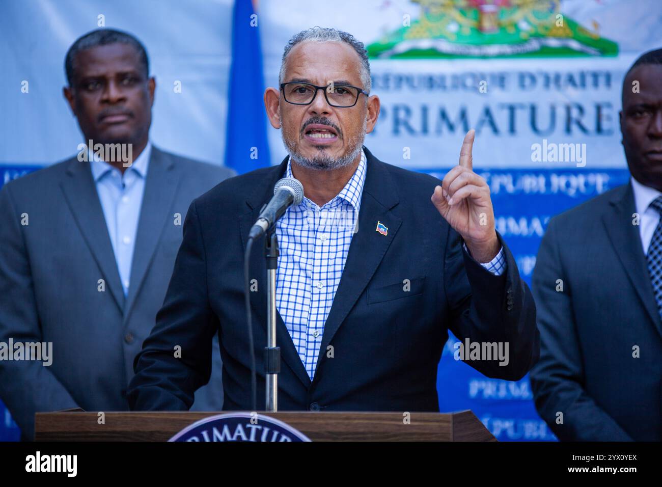 Port-au-Prince, Haiti. 12th Dec, 2024. Press conference of the Haitian primer minister ALIX DIDIER FILS-AIME regarding the massacre by the armed gangs. Haiti's prime minister held his first press conference since being appointed to oversee the troubled Caribbean country reeling from recent massacres. Local human rights groups have said more than 100 people, many elderly including Vodoo religious leaders, were killed in the community of Cite-Soleil by a gang leader seeking to avenge his son's death. (Credit Image: © Patrice Noel/ZUMA Press Wire) EDITORIAL USAGE ONLY! Not for Commercial USAGE Cr Stock Photo