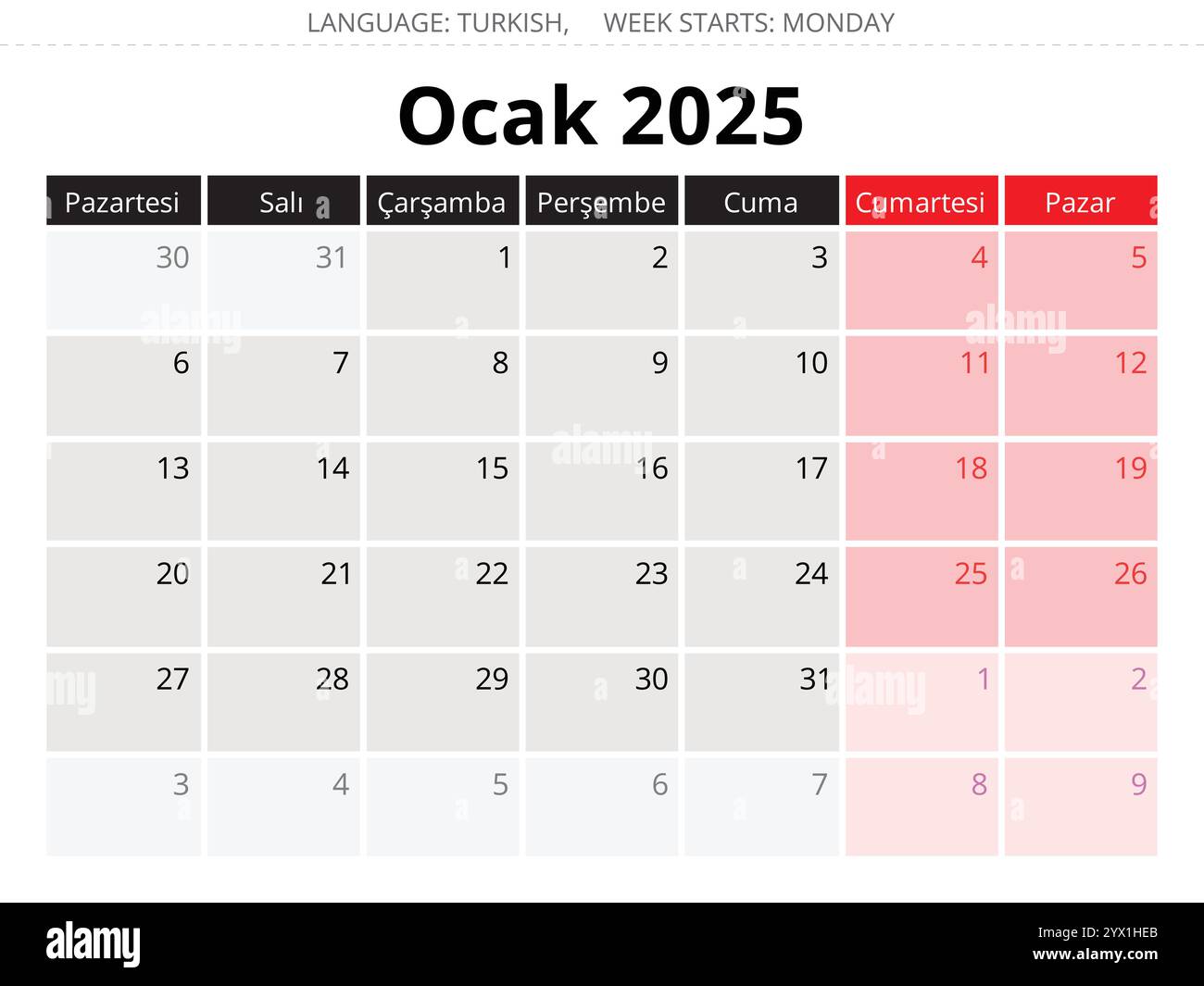 Turkish calendar for January 2025 - takvim ocak. Vector illustration