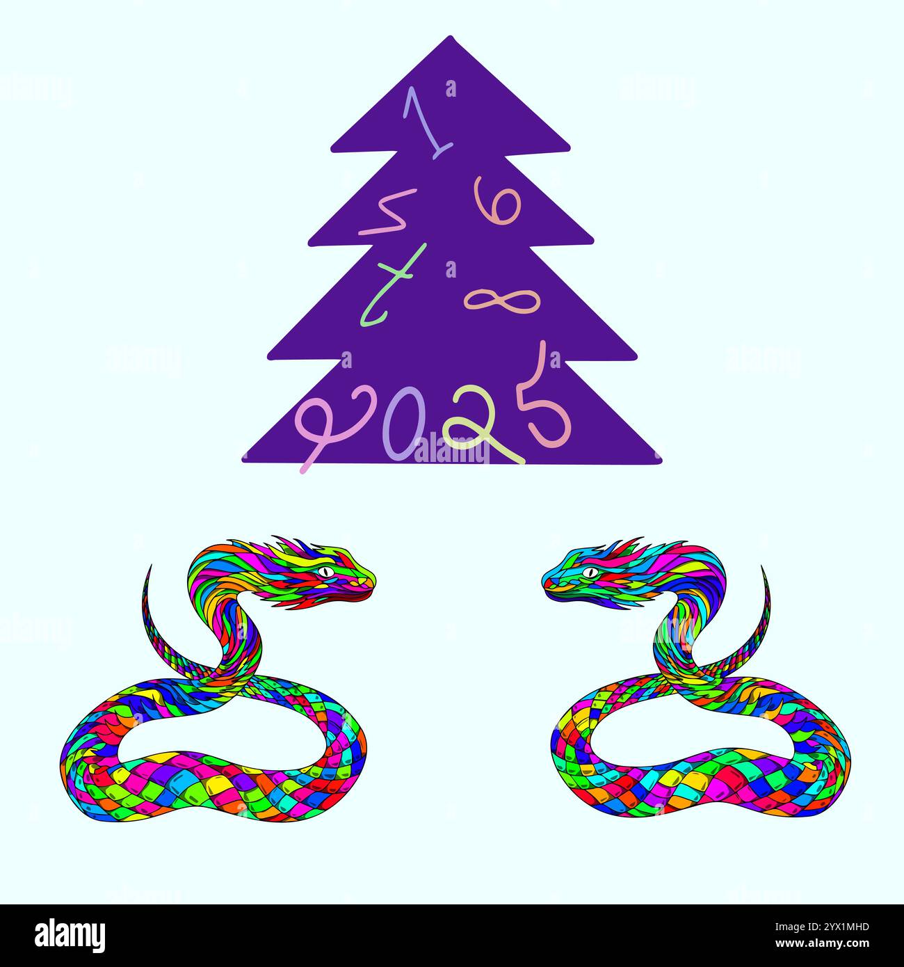 New Year card with two snakes and a Christmas Tree Stock Vector
