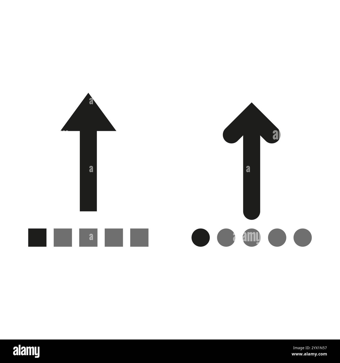 Upload icons set. Simple black arrows. Dotted and square patterns. Minimalist vector design. Stock Vector