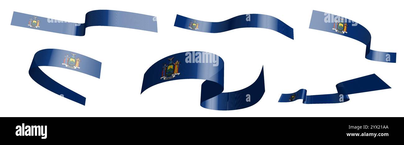 Set of holiday ribbons. Flag of american state of New York waving in wind. Separation into lower and upper layers. Design element. Vector on white bac Stock Vector