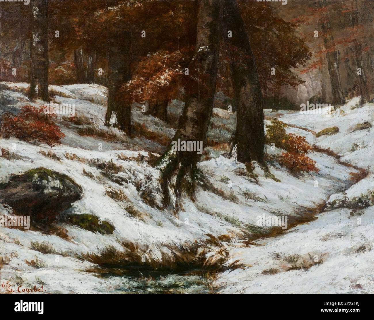 courbet-paysage-de-neige-avec-arbres-et-rochers-1865-stock-photo-alamy