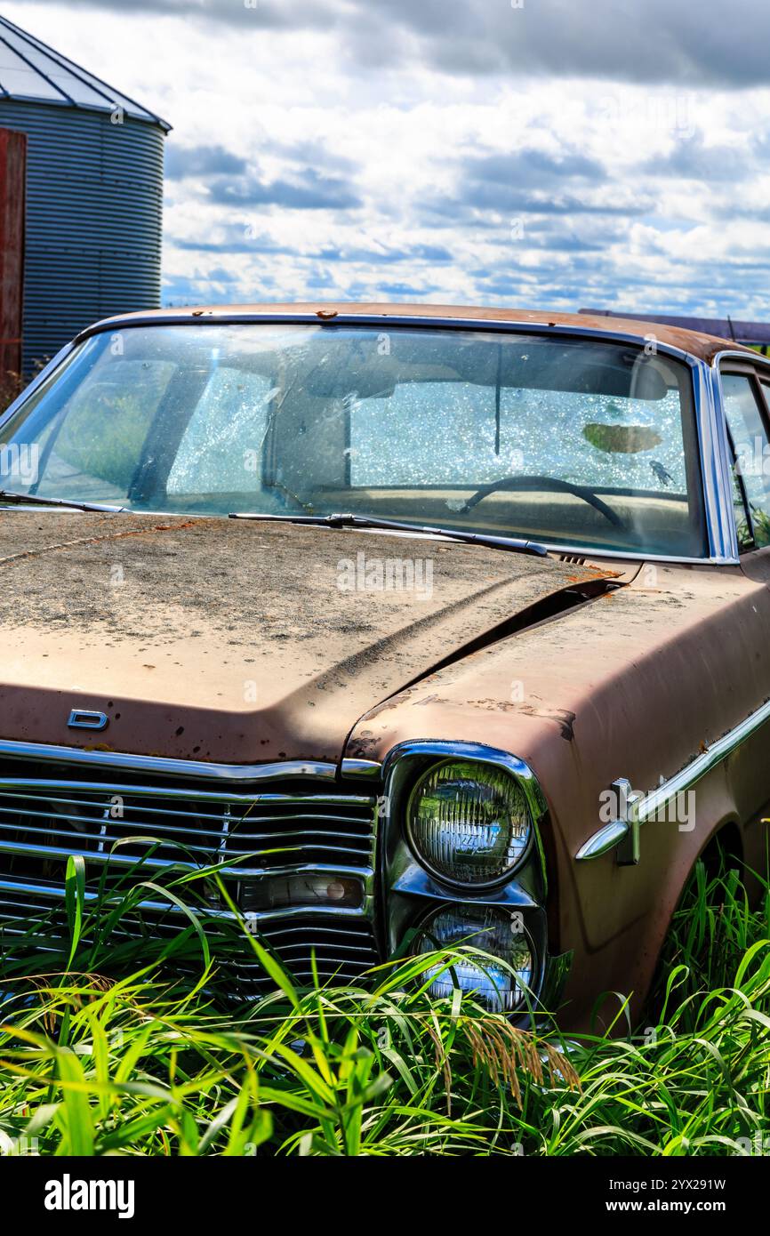 A rusted old car is sitting in a field of grass. The car is covered in ...
