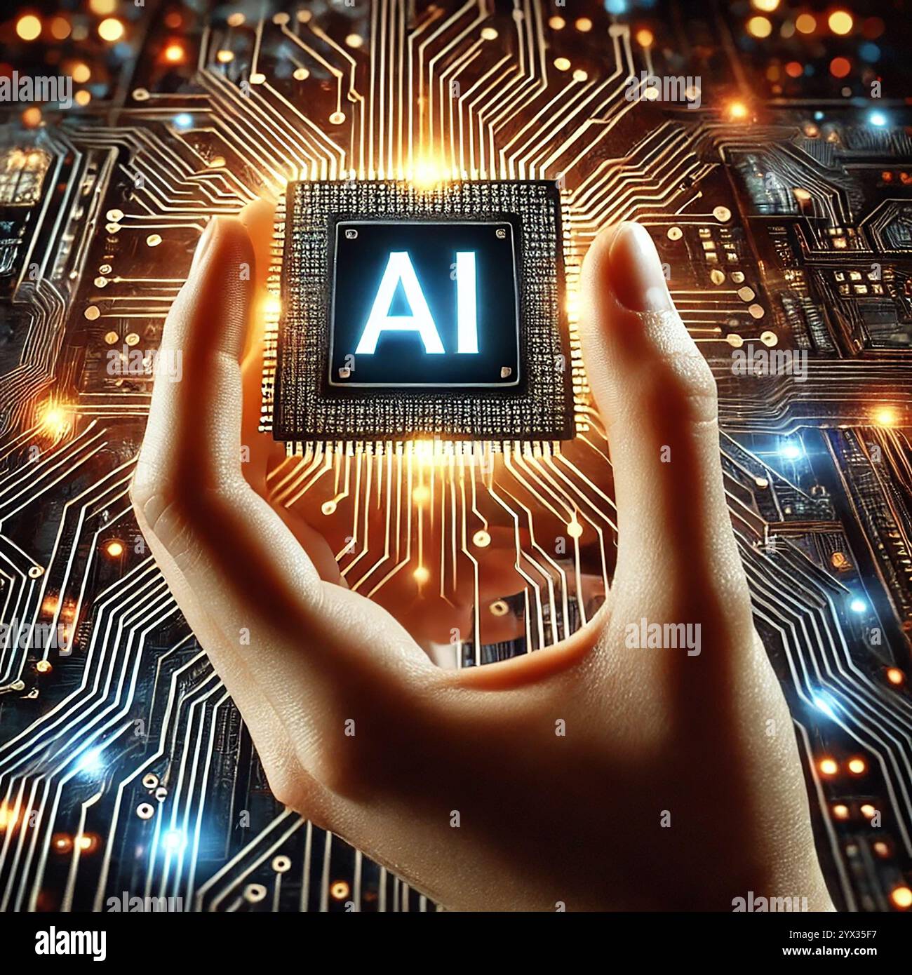 hand holds a glowing AI microchip, symbolizing human control over artificial intelligence and advanced technology. The background features complex Stock Photo