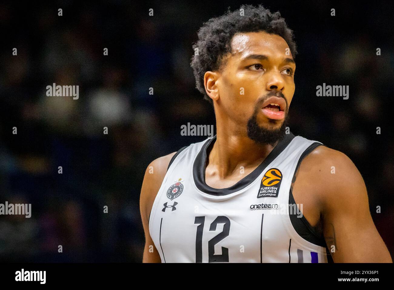 Berlin, Germany. 12th Dec, 2024. Sterling Brown (12) of Partizan Belgrade seen during the Turkish Airlines EuroLeague basketball match between ALBA Berlin and Partizan Mozzart Bet Belgrade at the Uber Arena in Berlin. Credit: Gonzales Photo/Alamy Live News Stock Photo