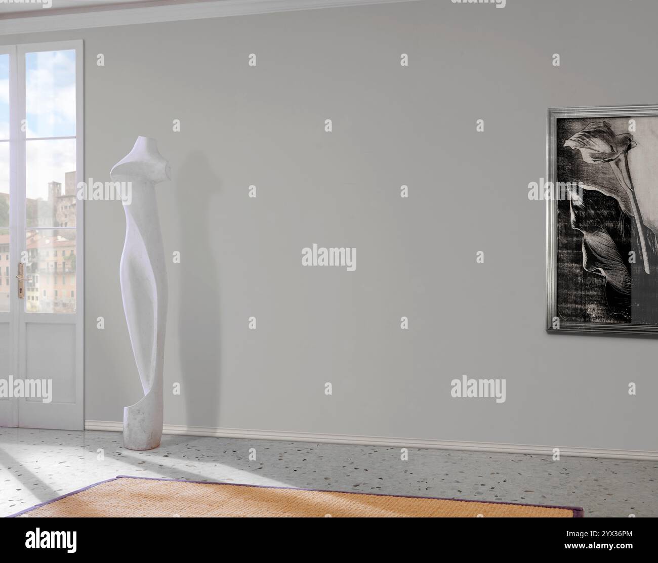 Interior of a room to be furnished, with window and painting on the ...
