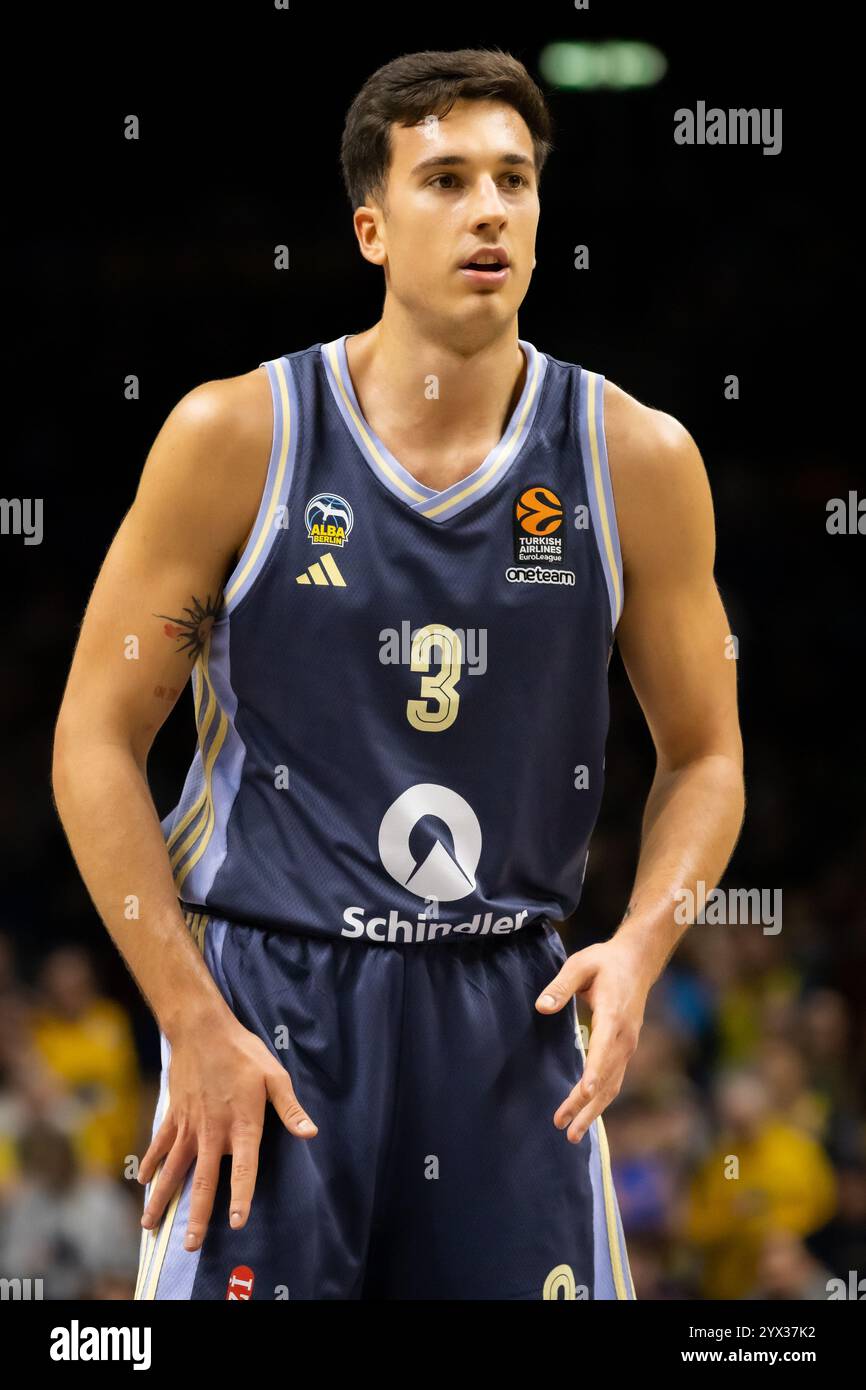 Berlin, Germany. 12th Dec, 2024. Matteo Spagnolo (3) of ALBA Berlin seen during the Turkish Airlines EuroLeague basketball match between ALBA Berlin and Partizan Mozzart Bet Belgrade at the Uber Arena in Berlin. Credit: Gonzales Photo/Alamy Live News Stock Photo