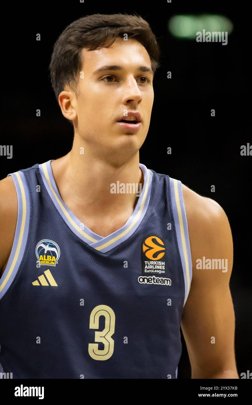 Berlin, Germany. 12th Dec, 2024. Matteo Spagnolo (3) of ALBA Berlin seen during the Turkish Airlines EuroLeague basketball match between ALBA Berlin and Partizan Mozzart Bet Belgrade at the Uber Arena in Berlin. Credit: Gonzales Photo/Alamy Live News Stock Photo