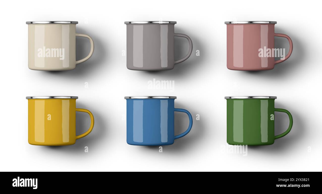 Mug Rim Design Mockup of bright colored metal mugs with chrome rim for tourism, enamel ...