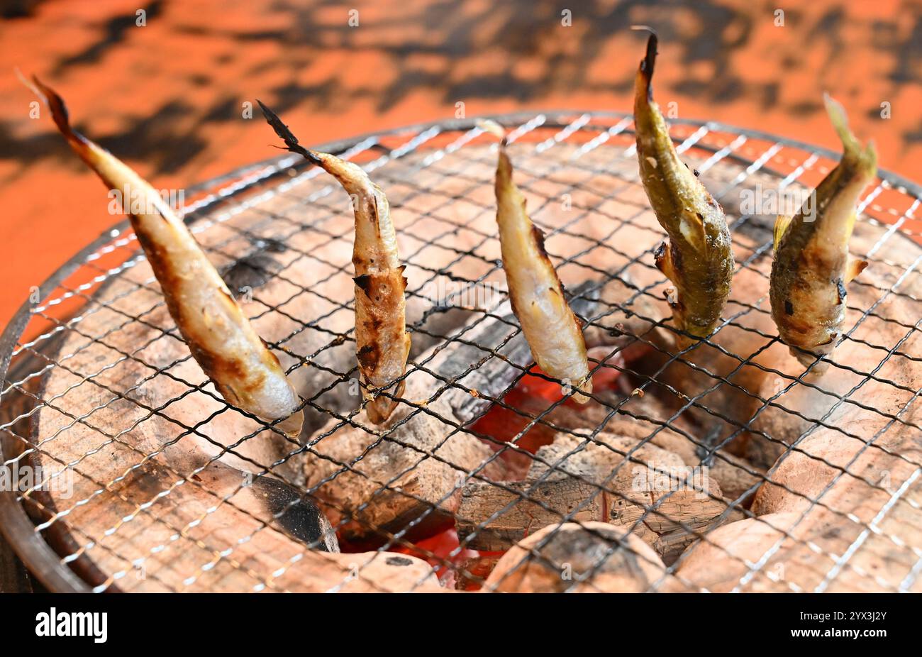 Gnathopogon caerulescens is cooked with burned charcoal at a local dish ...