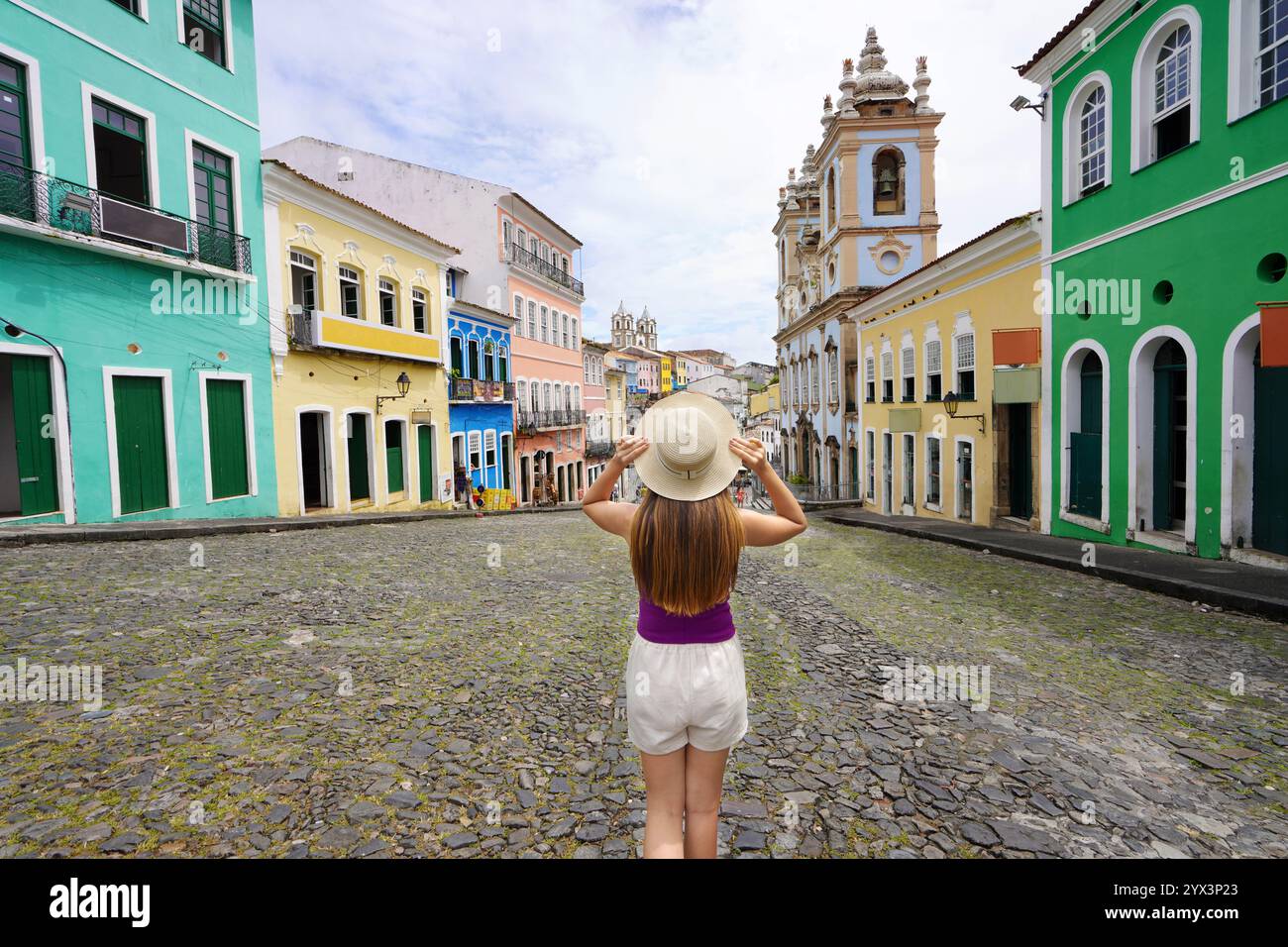 Tourism in Salvador de Bahia, Brazil. Back view of traveler girl ...