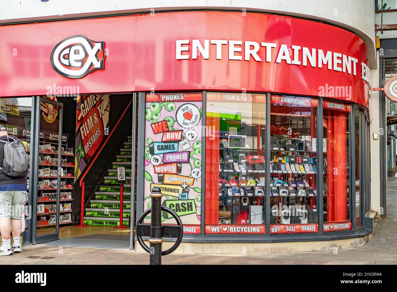 Close up view of a CeX (Complete Entertainment Exchange) retail shop front on the high street, UK. Company deals in pre-owned/ second hand goods. Stock Photo