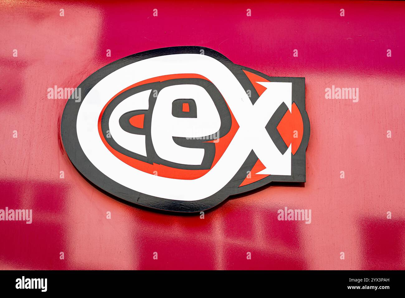 Close up view of a CeX sign on the front of a UK city centre shop. Stock Photo