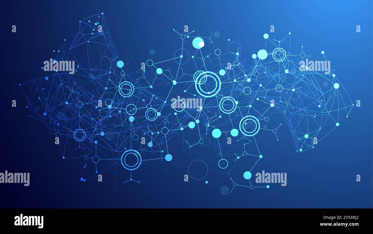 Scientific abstract background. Plexus effect and circles connected by lines. Hand drawn vector. Stock Vector