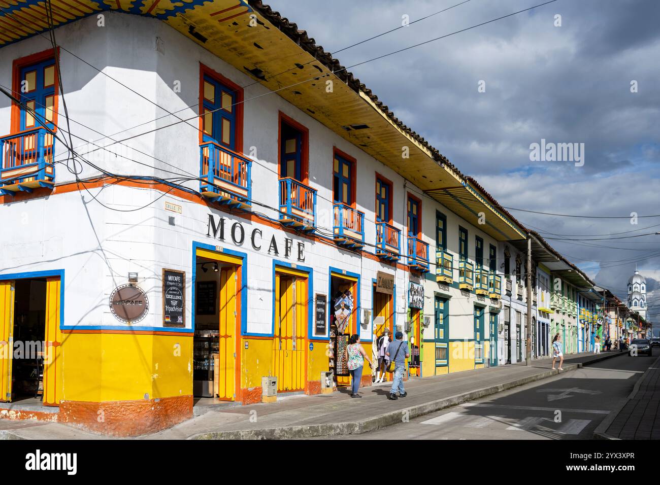 July 12, 2023: Colorful Mocafe Building Facade In Filandia, Colombia Stock Photo