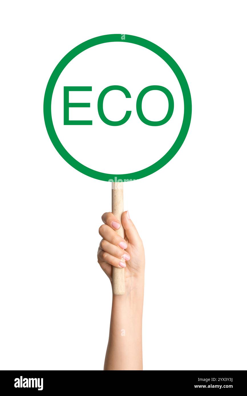 ECO sign in a person’s hand on a blank background. Suitable for eco ...