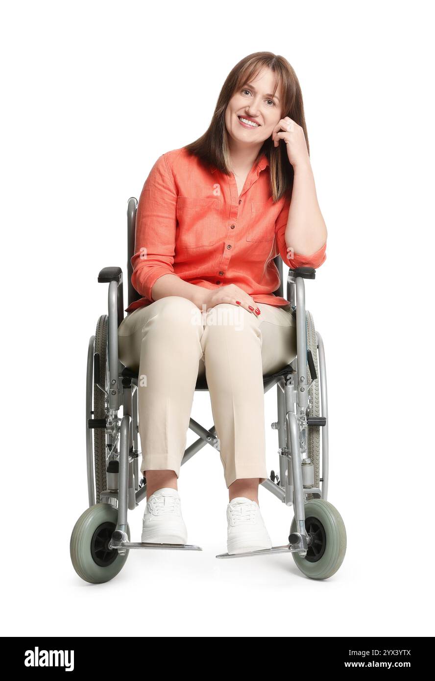 Smiling woman in wheelchair on white background Stock Photo - Alamy
