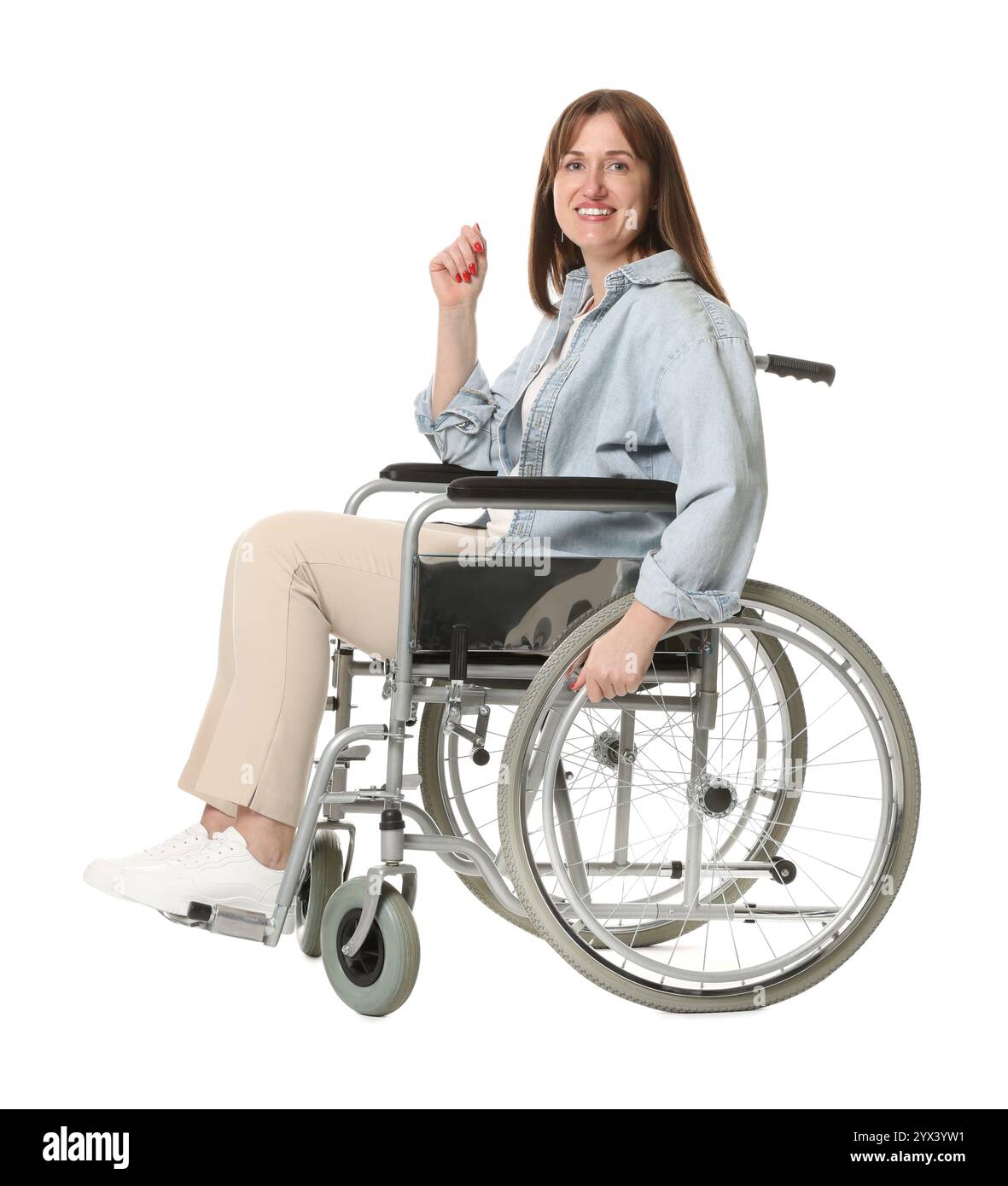 Smiling woman in wheelchair on white background Stock Photo - Alamy