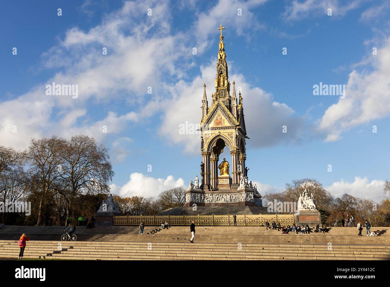 London, UK - December 1, 2024, The Albert Memorial, directly north of the Royal Albert Hall in Kensington Gardens, London, was commissioned by Queen V Stock Photo