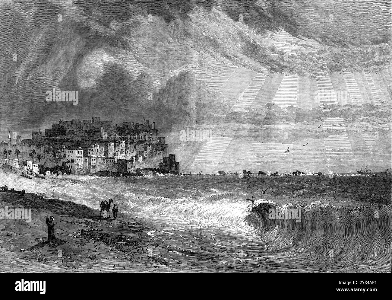 Joppa, from the exhibition of Mr. H. A. Harper's views of the Holy Land, 1872. 'Our Engraving represents [a] View of Jaffa, the ancient Joppa, that well-known, but very incommodious, seaport on the Syrian coast, which is still the ordinary approach to Jerusalem, and which was used for maritime traffic in King Solomon's reign. It has no harbour, but the steamers, from Alexandria or elsewhere, lie off the shore, a mile and a half or two miles distant...If the weather is rough, and the wind blows on shore, they dare not stop, but must go on to Beyrout. When the steamer is about to land passengers Stock Photo