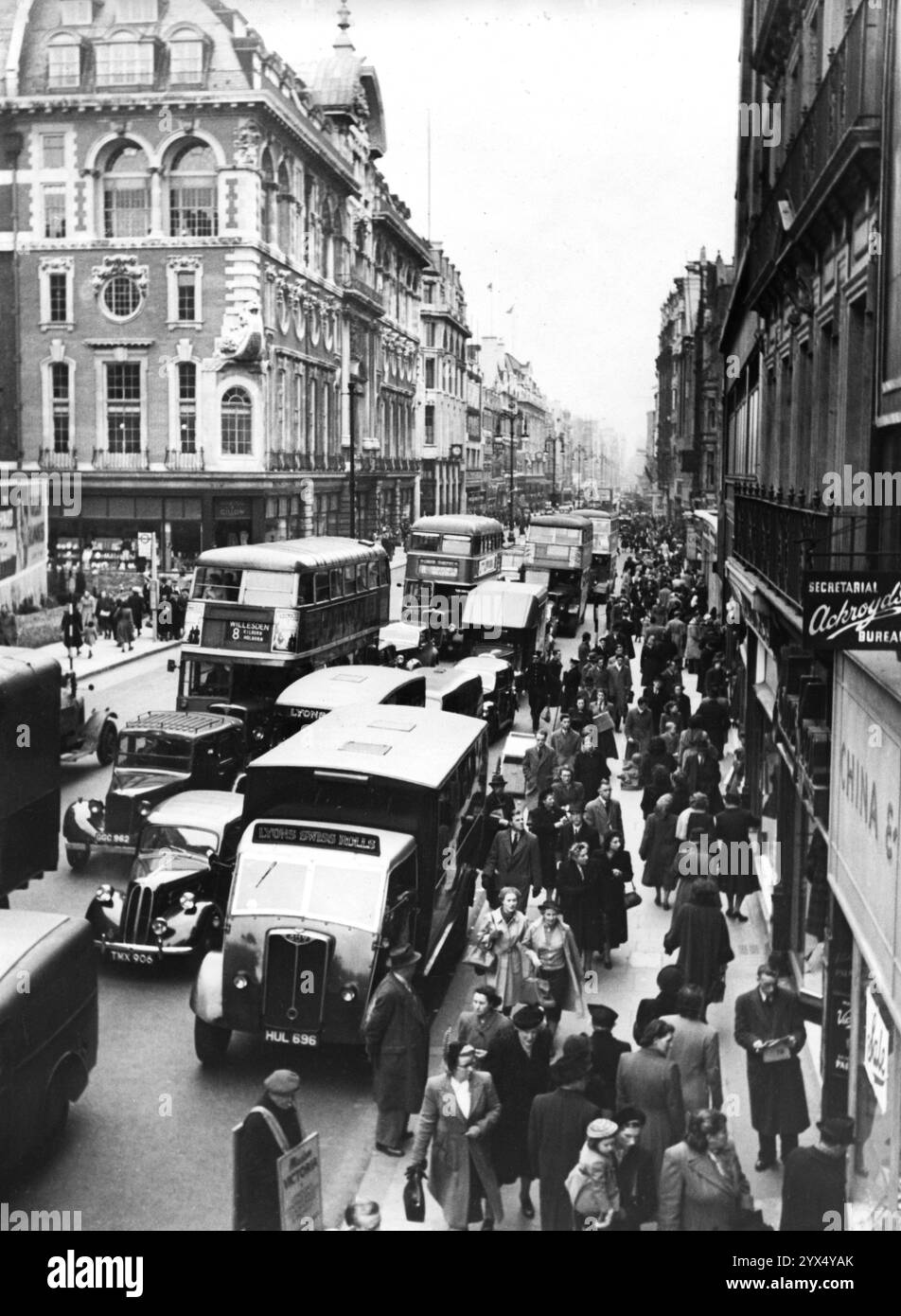 Traffic on Oxford Street in London on a rainy day ca. 1970