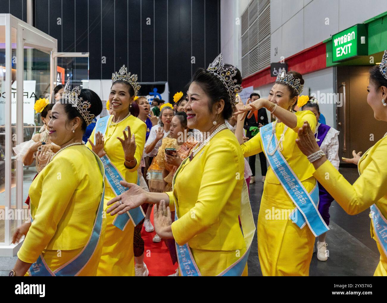 Senior women crowned are seen at the Thailand Friendly Design Expo 2024, at The Bangkok International Trade and Exhibition (BITEC). The Thailand Friendly Design Expo 2024 aims to create a more inclusive and sustainable society for the elderly and people with disabilities in Thailand through design and technology. Founded by Krisana Lalai, a Thai journalist and human rights activist, the event promotes accessibility across various sectors. After a car accident in 1997 left him paralyzed, Krisana dedicated his life to advocating for inclusive design and equal rights, raising awareness through hi Stock Photo
