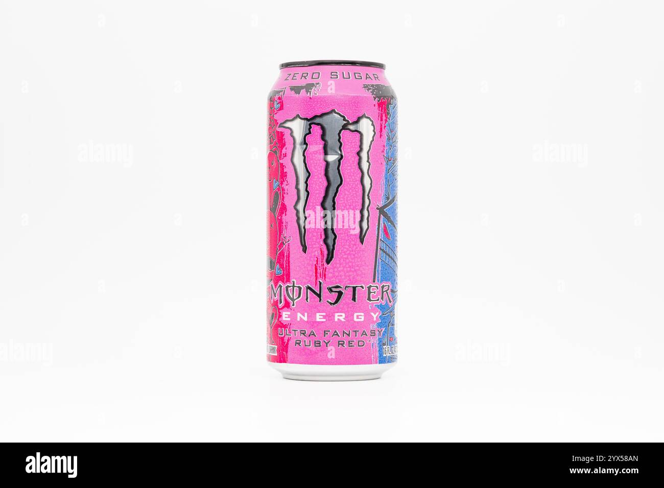 Monster Energy Ultra Fantasy Ruby Red beverage. The zero sugar energy drink is in a can designed by Mark “Pinky” Taylor. The taste is pamplemousse. Stock Photo