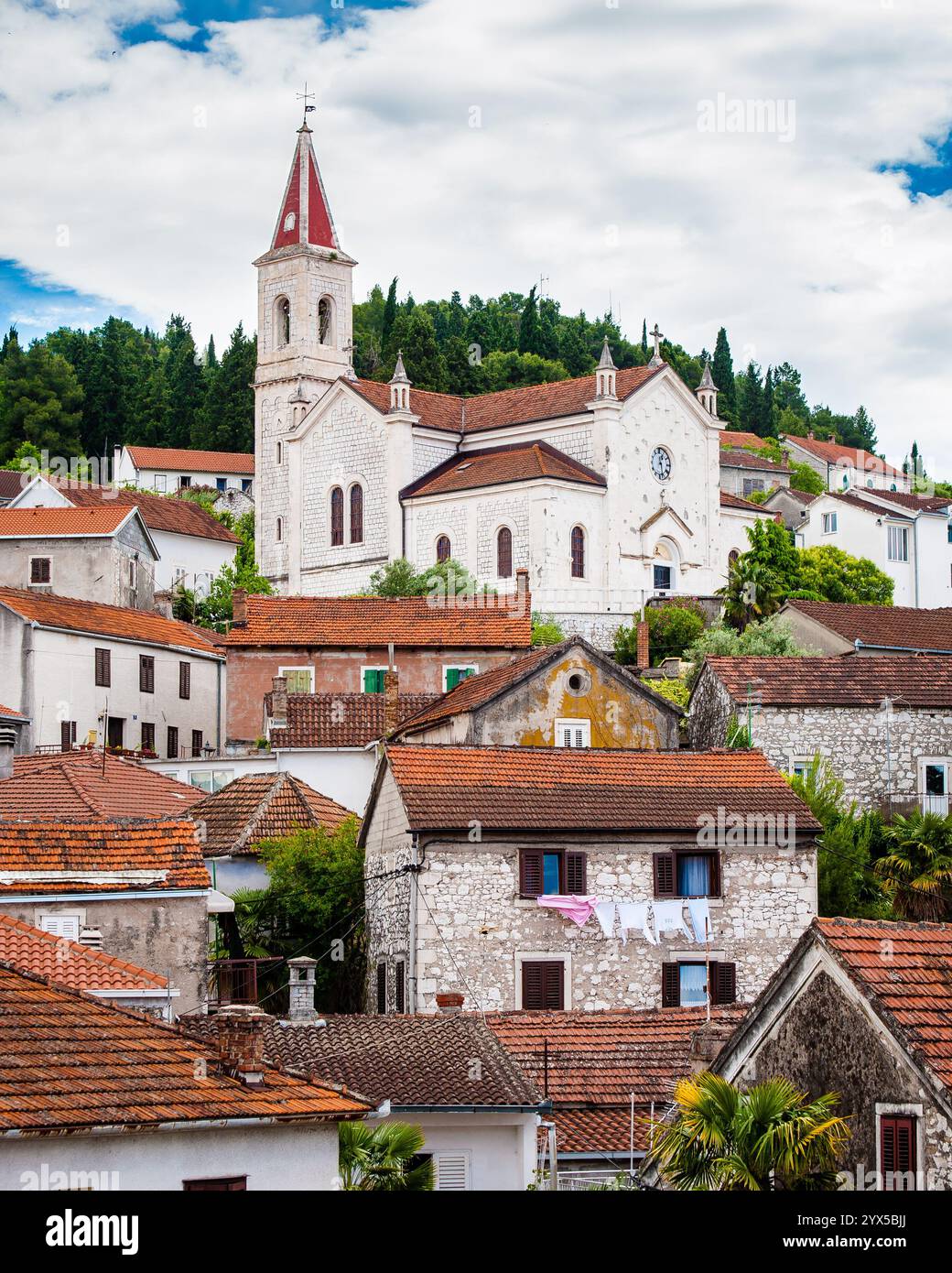 Mediterranean Town With A Church On Top Of A Hill In Southern Dalmatia 