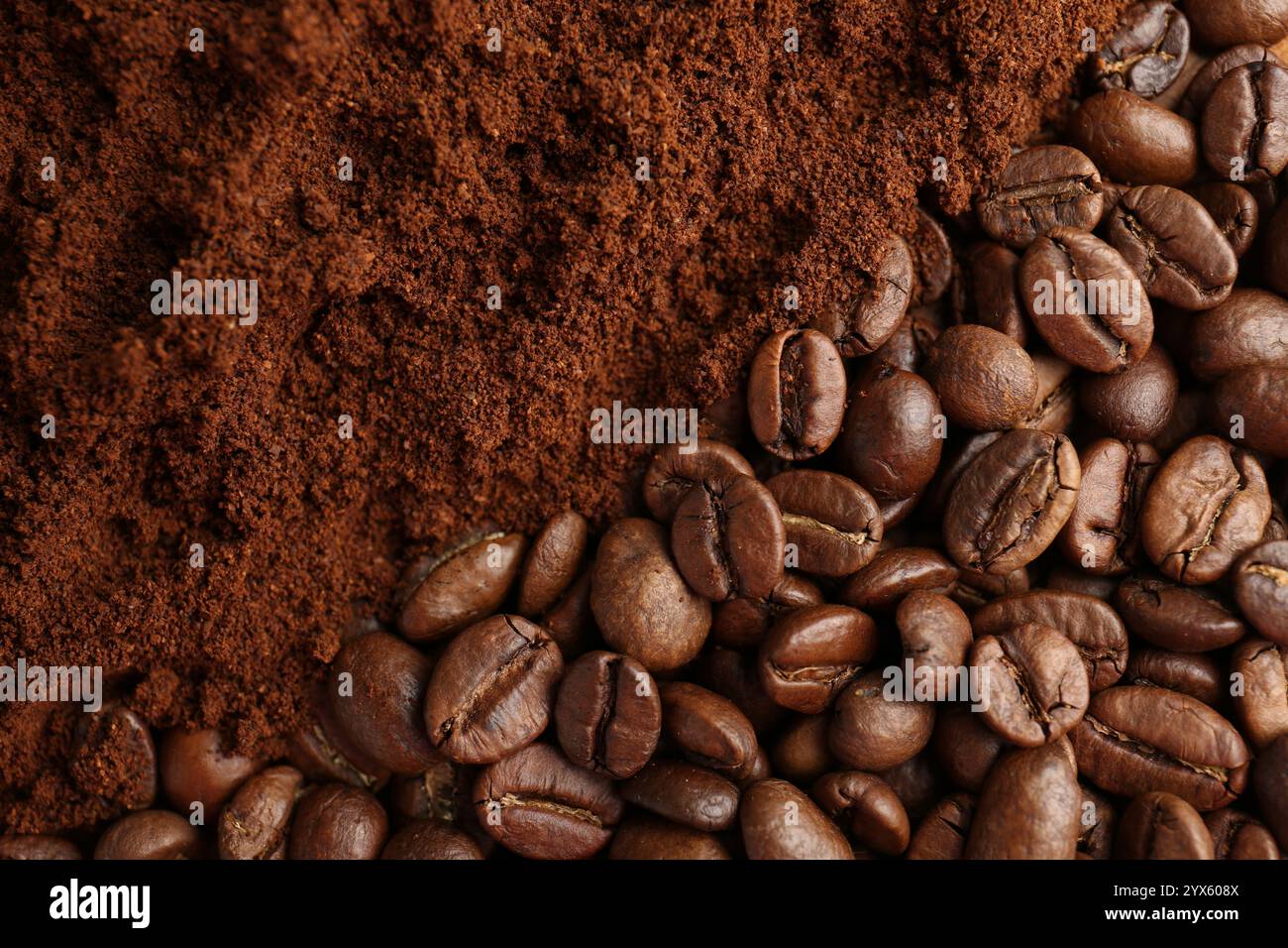 Ground coffee and roasted beans as background, top view Stock Photo - Alamy