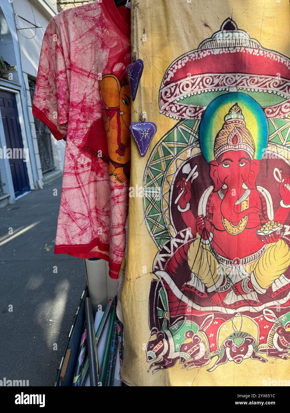 Batiks for sale on Haight Street in the Haight Ashbury neighborhood in San Francisco, California. - Smartphone Captured Stock Image