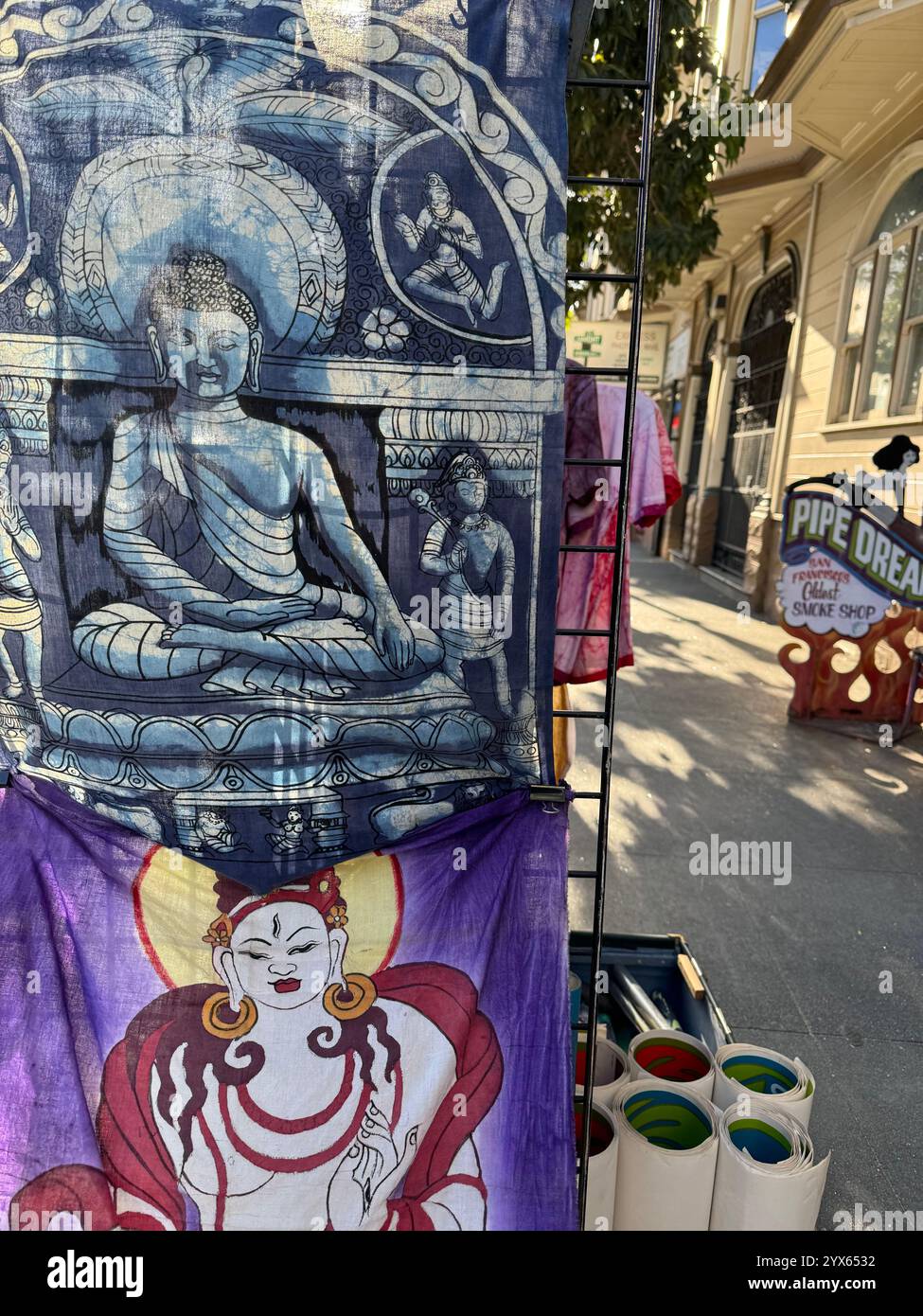 Batiks for sale in the Haight Ashbury neighborhood of San Francisco, California. - Smartphone Captured Stock Image