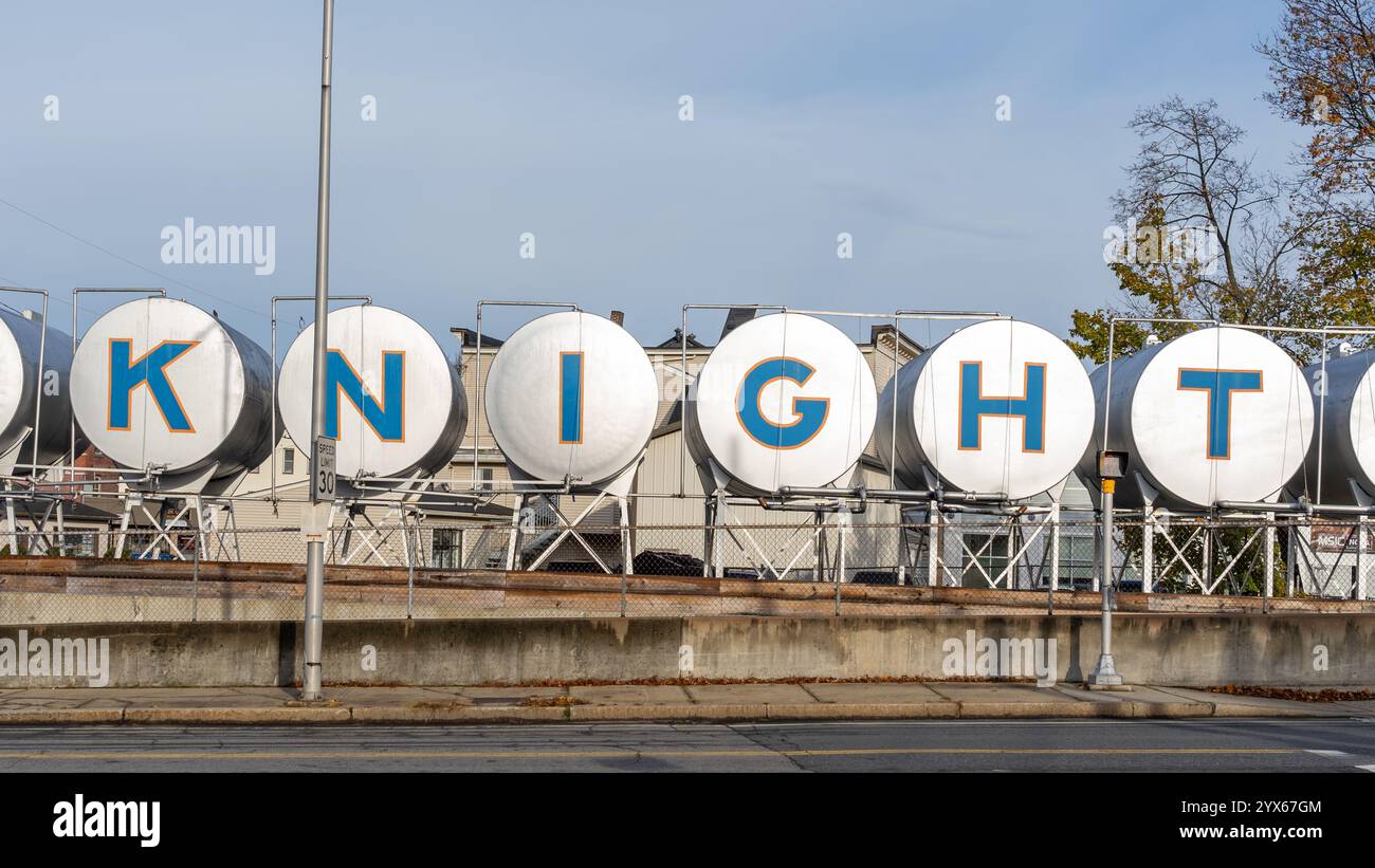 The Knight sign on the tanks at Knight Fuel Co corporate office at 159 Main St, Hudson, Massachusetts, USA Stock Photo