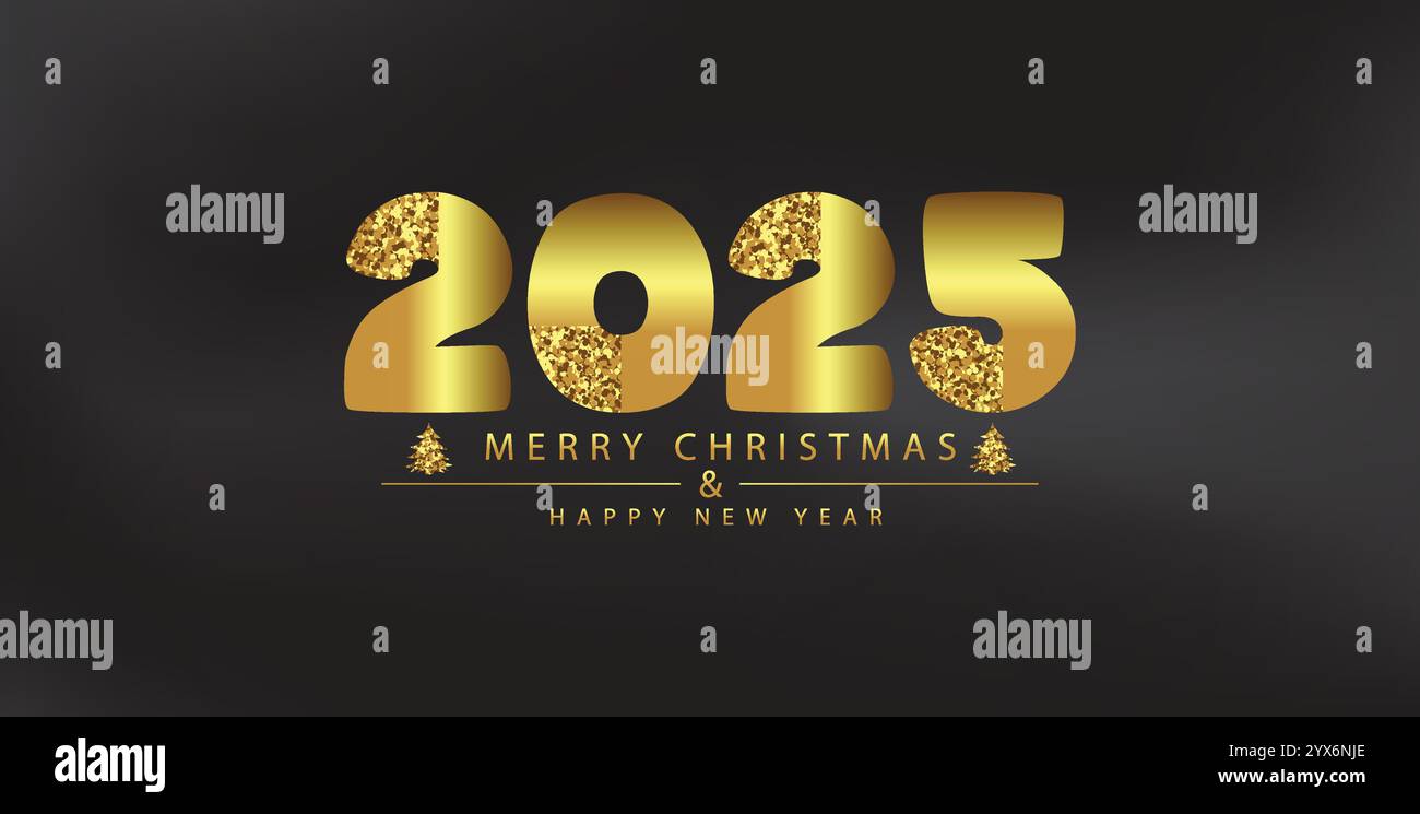 Merry Christmas And Happy New Year 2025 Gold Glitter Beautiful Bright Merry Christmas And Happy New Year 2025 Gold Glitter Beautiful Bright And Shining Design And Black Background 2YX6NJE