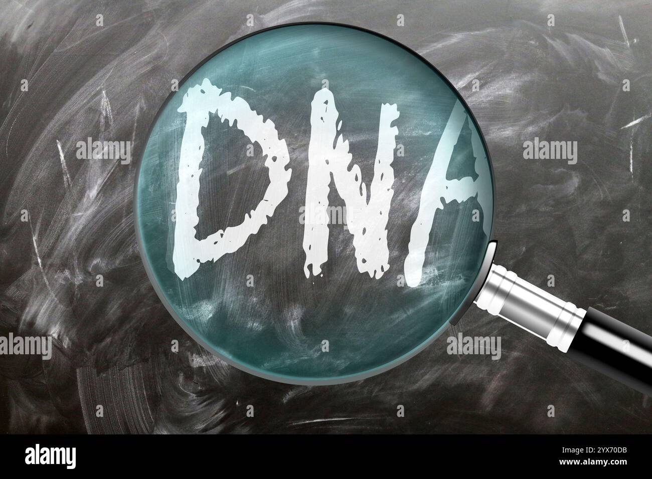 Dna - learn, study and inspect it. Taking a closer look at dna. A magnifying glass enlarging word 'dna' written on a blackboard Stock Photo
