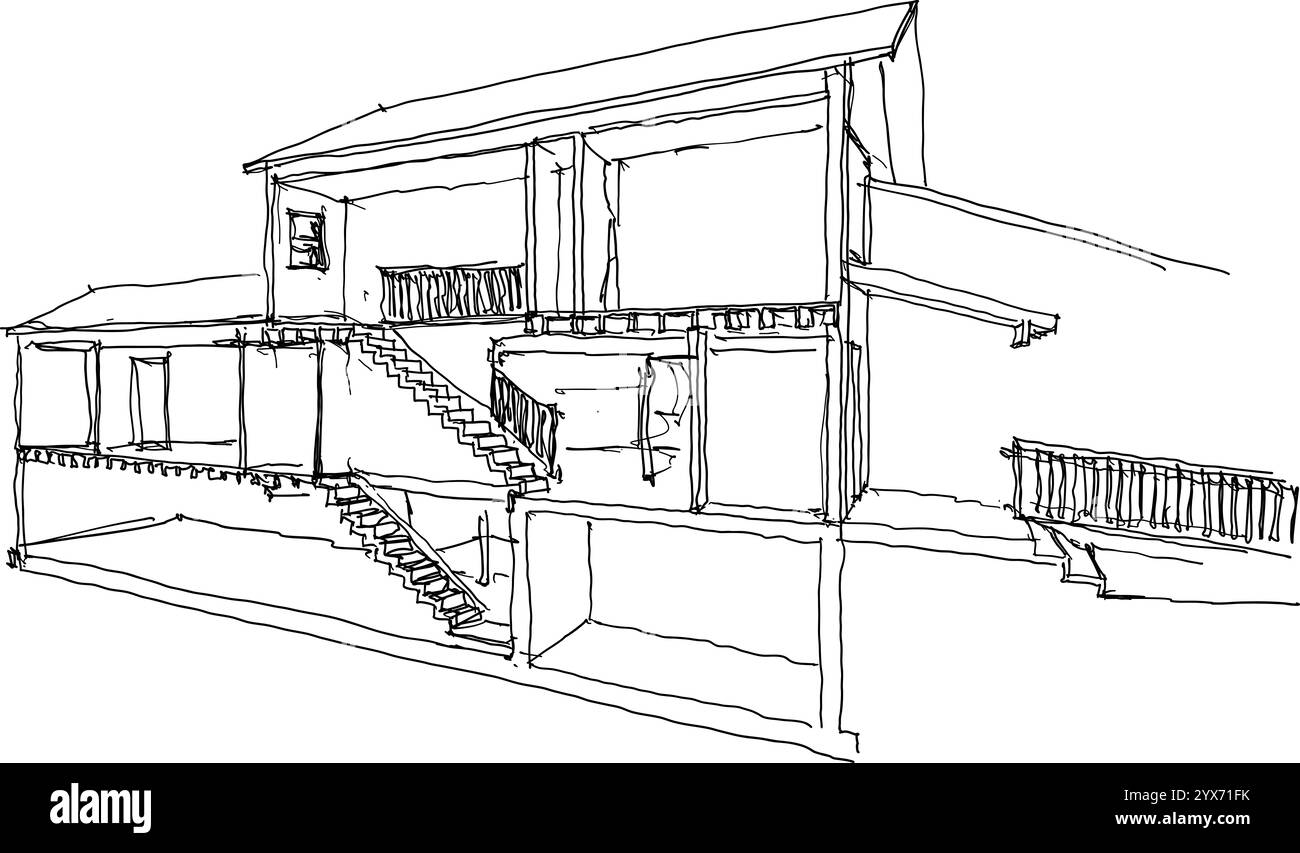 hand drawn architectural sketch of section of classic two story detached house with roof and stairs Stock Photo