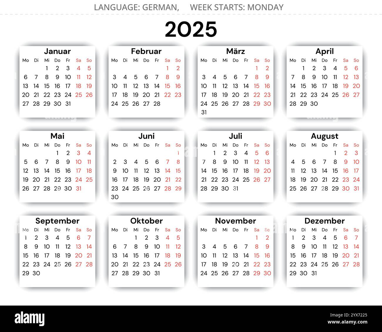 German calendar 2025: Planner for year with vector illustrations of ...