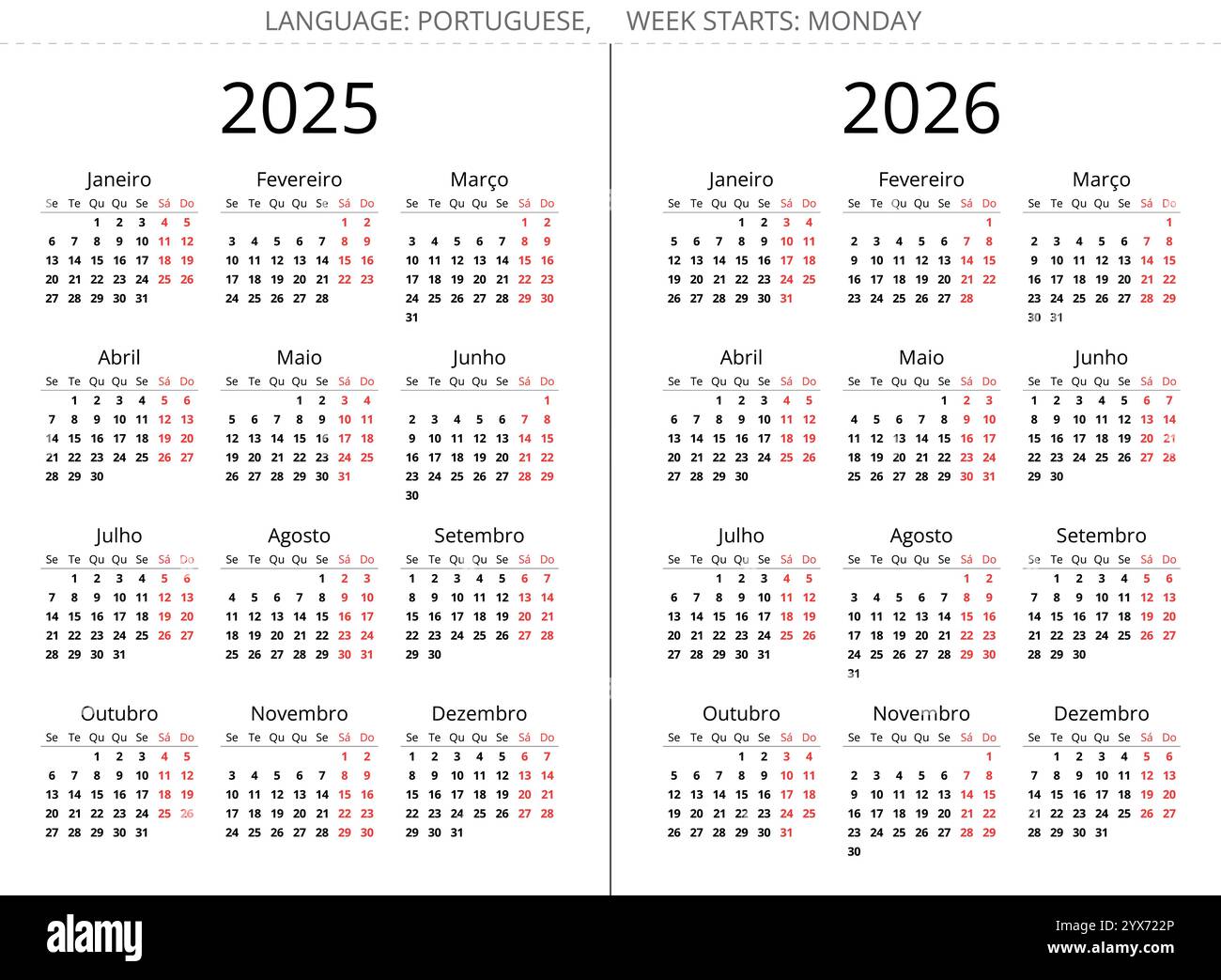2025 and 2026 years portuguese calendars. Vector illustration set for