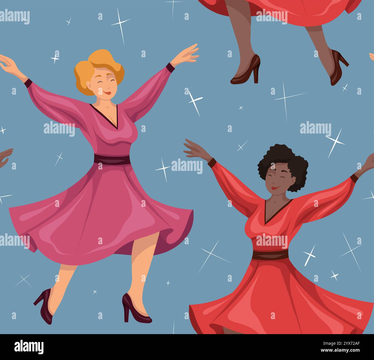 Vector seamless pattern with happy dancing women in red dress on blue ...