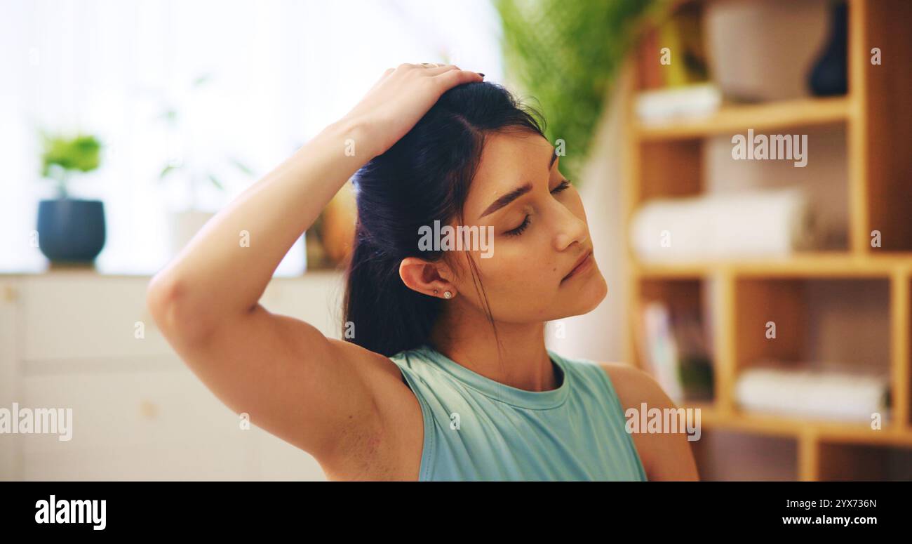 Stretching, neck and female person with exercise routine for calm ...