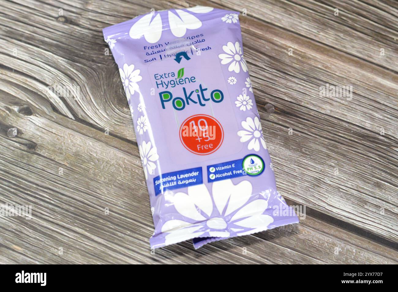 Cairo, Egypt, November 1 2024: Pokito extra hygiene wipes, refreshing wet wipes pocket, wet disposable disinfecting wipe towel, moist towelette, used Stock Photo