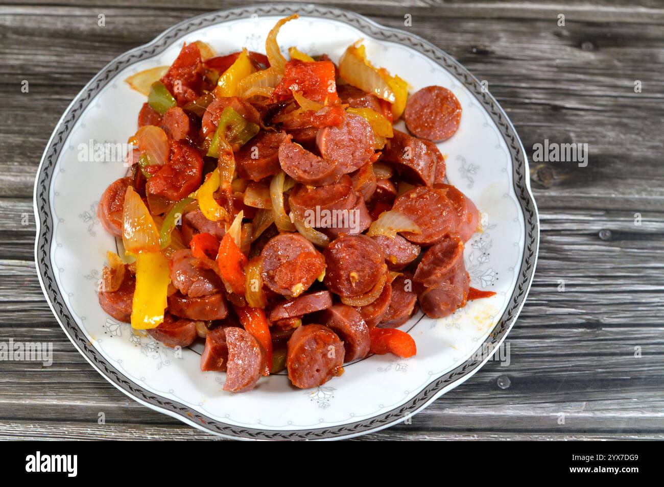 Slices hot dog grilled beef sausage called wiener (Vienna sausage) and