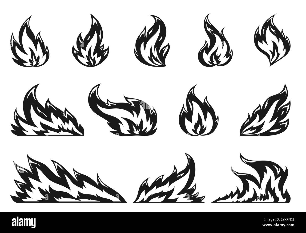 Hot temperature comic dangerous flame fires. Cartoon fire flames. Campfire fiery black silhouette set. Burning blazing wildfire, bonfires isolated on white background. For stencil stamp laser cut Stock Vector