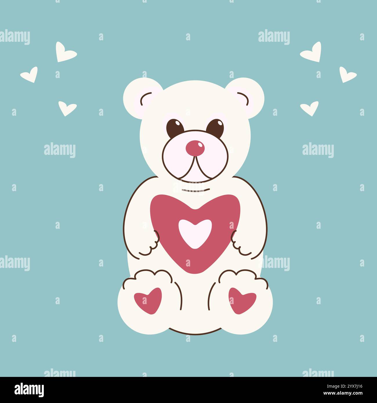 A flat illustration of a simple cute teddy bear with hearts. Festive ...