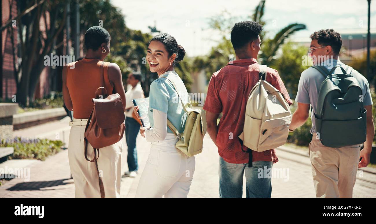 Education, laughing and walking with student friends outdoor together ...
