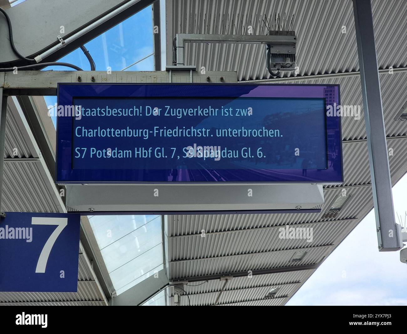 Display indicating interruption of public transportation in Berlin due to state visit (of Ukrainian president Zelensky for Ukraine Recovery Conference - Smartphone Captured Stock Image