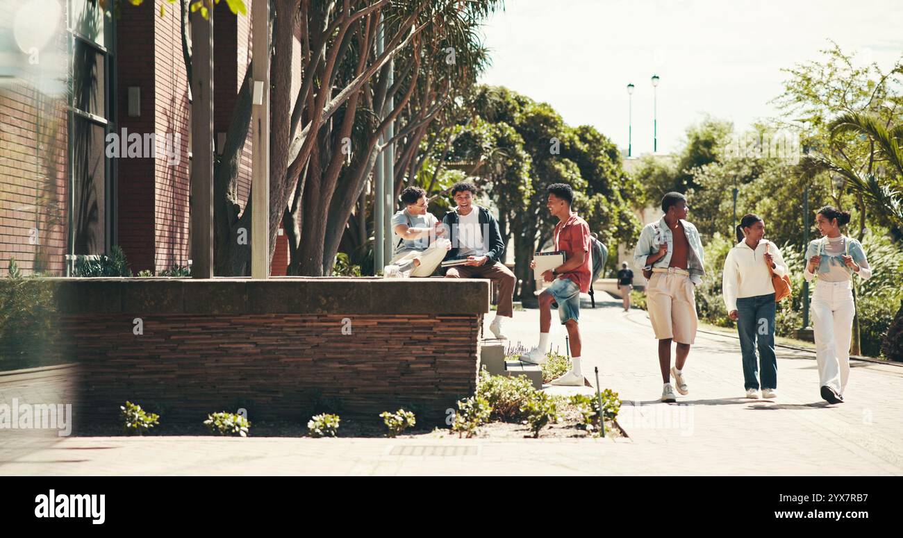 Education, college and walking with student friends outdoor together ...