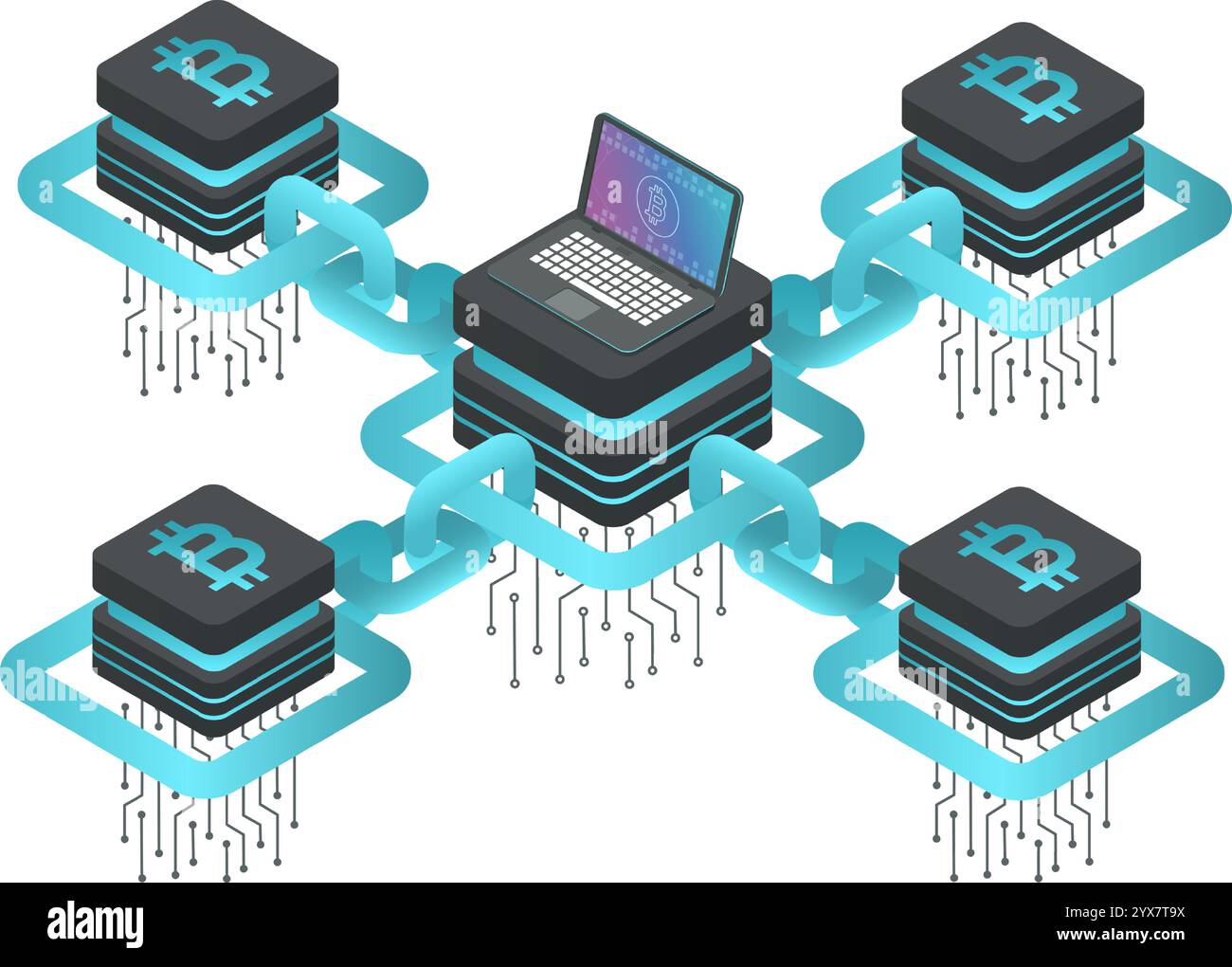 Cryptocurrency servers with bitcoin symbol connected by blockchain links to  laptop showing bitcoin symbol on screen, concept of mining and trading  Stock Vector Image & Art - Alamy